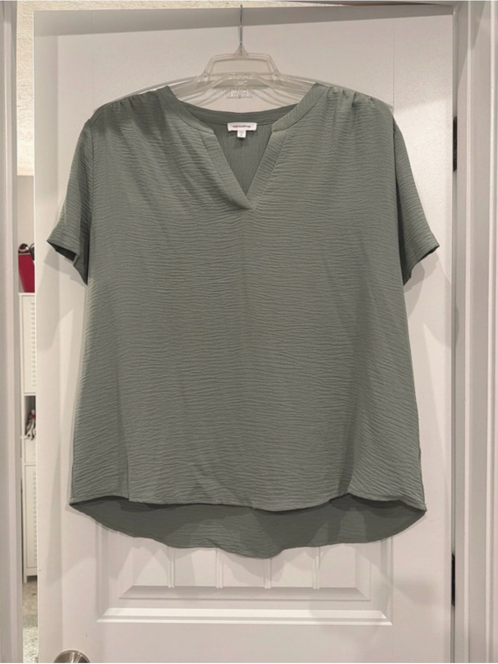 mittoshop Sage Green Textured V-Neck Short Sleeve Top
